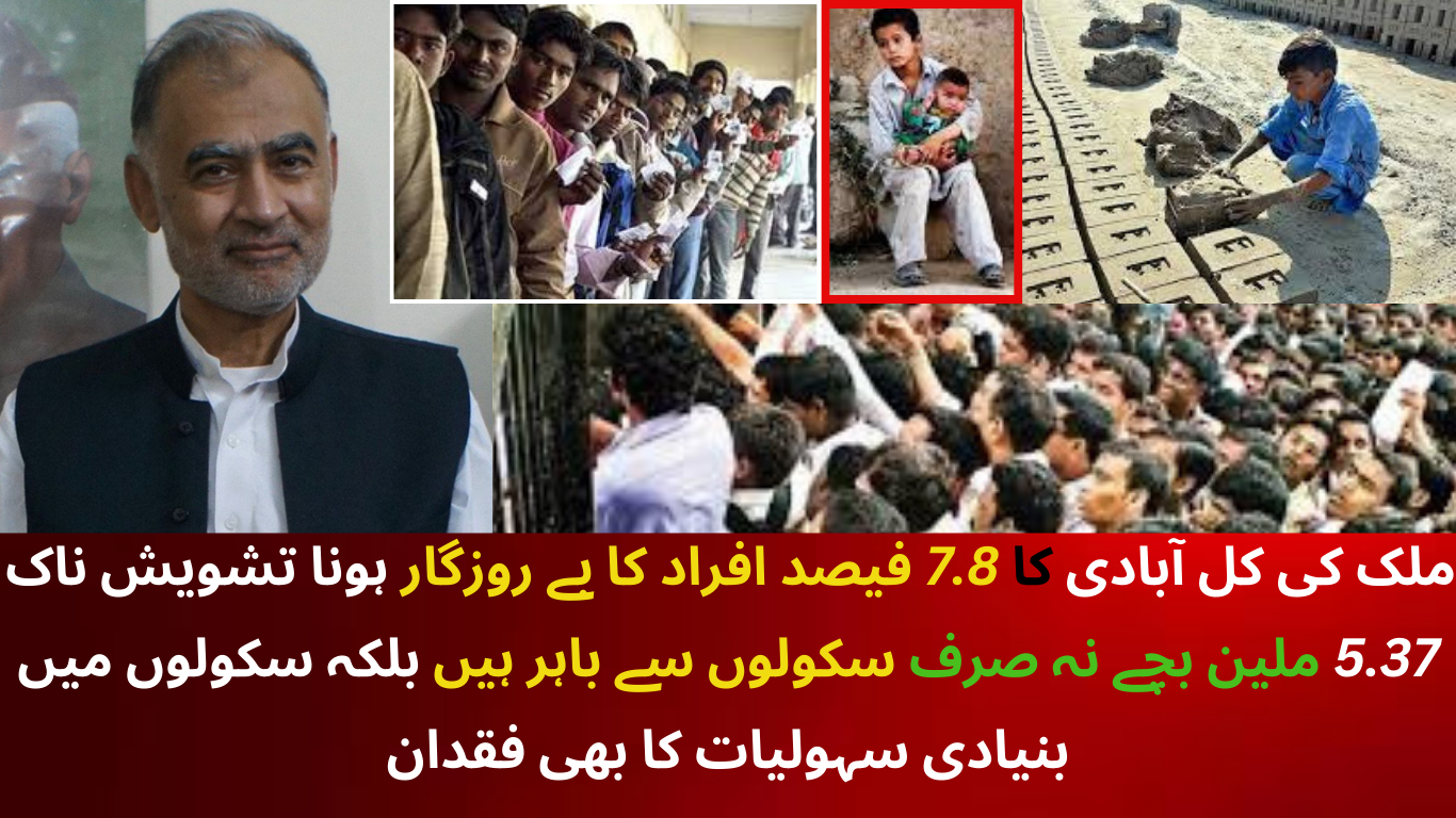 ملک کی کل آبادی کا 7.8 فیصد افراد کا بے روزگار ہونا تشویش ناک  5.37 ملین بچے نہ صرف سکولوں سے باہر ہیں بلکہ سکولوں میں بنیادی سہولیات کا بھی فقدان